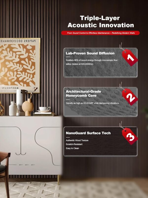 Wood Panels for Wall, Time-Saving Installation, Versatile Wood Slat Wall Decor, Enhanced Acoustic & Sound Proof Fluted Design for Home & Office, 2 Pcs Dark Walnut, 94.5x12.5 Inch