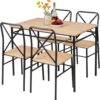VECELO 5-Piece Kitchen Dining Table Set, Wood Tabletop & Heavy-Duty Metel Frame, Rectangle Dinette with 4 Chairs for Small Space, Breakfast Nook, Natural & Black
