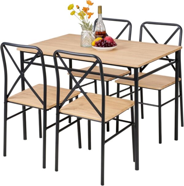 VECELO 5-Piece Kitchen Dining Table Set, Wood Tabletop & Heavy-Duty Metel Frame, Rectangle Dinette with 4 Chairs for Small Space, Breakfast Nook, Natural & Black
