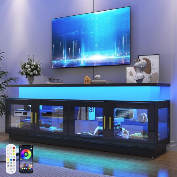 71" LED TV Stand with Power Outlet,High Gloss Modern Black TV Stands for Living Room for 65 70 80 in TV,TV Gaming Entertainment Center w/Adjustable Shelves for Living Room Bedroom