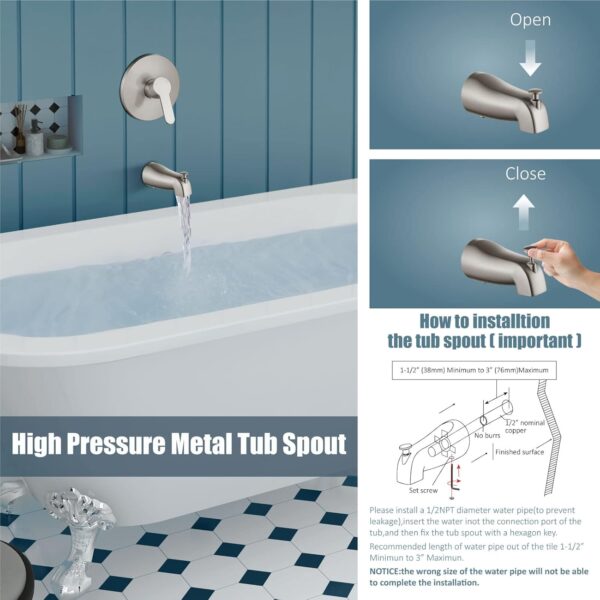 Aolemi Tub Shower Faucet Set With Valve Wall Mount Shower Trim Kit 6 Inch Bathtub Fixtures Rough-in Valve Single-Spray Shower Head System 5.3 Inch Tub Spout Brushed Nickel Modern