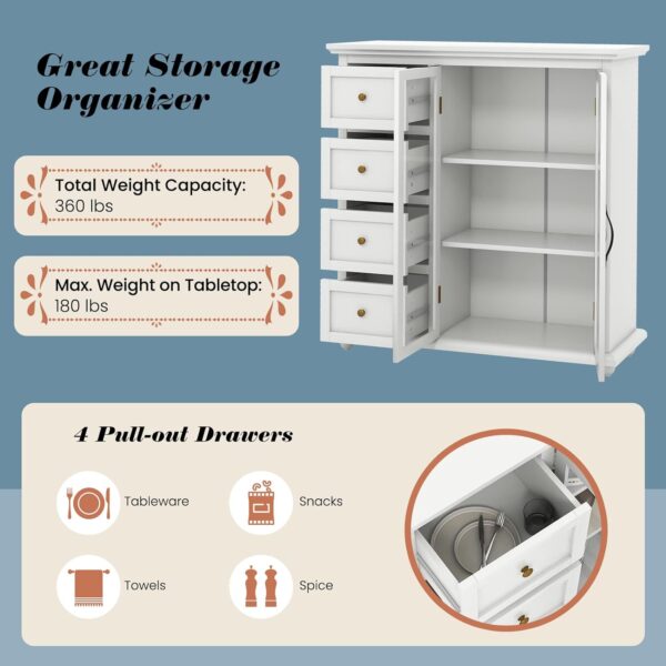 COSTWAY Sideboard Buffet Cabinet, Kitchen Storage Cabinet with 4-Drawers, 2 Tempered Glass Doors, Buffet Table, Accent Cabinet for Entryway, Dining Room, Kitchen, Home, Basement, White