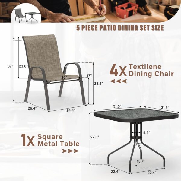 Amopatio Outdoor Dining Set of 5, Patio Table and Chairs Set, Textured Glass Tabletop, 4 Stackable Patio Chairs, Patio Furniture, Balcony, Porch, Lawn- Brown