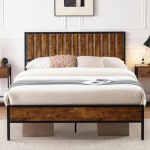 GAOMON Queen Bed Frame with Headboard Footboard Rustic Wood Farmhouse Platform Metal Wrought Rod Slat Bedframe, No Box Spring Needed, Easy Assembly, Farm House Base Beds Foundation-Queen Size