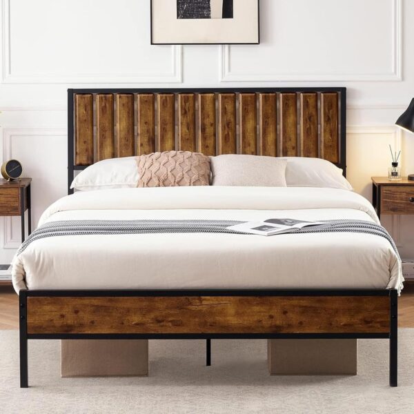 GAOMON Queen Bed Frame with Headboard Footboard Rustic Wood Farmhouse Platform Metal Wrought Rod Slat Bedframe, No Box Spring Needed, Easy Assembly, Farm House Base Beds Foundation-Queen Size