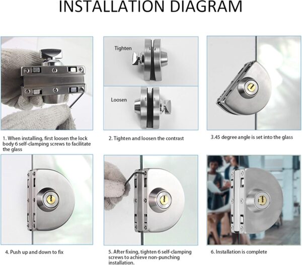 Fits on 1/2" Glass,10 mm -12 mm, Glass Door Lock, Stainless Steel Double Bolts Swing Push Sliding Access Control Office Glass Door Lock with 5 Keys