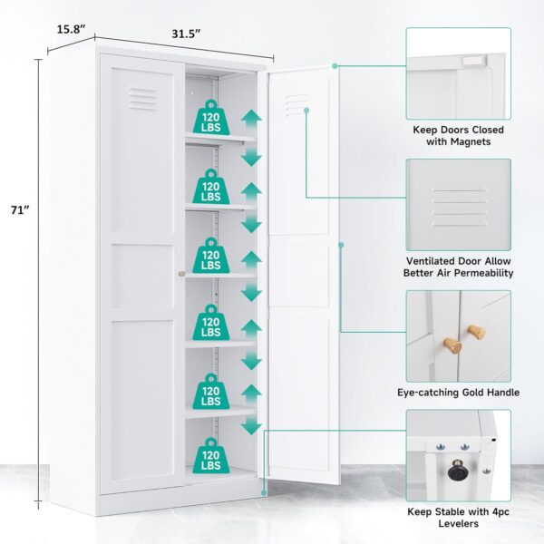 White Metal Storage Cabinet with 2 Doors and 5 Shelves,Pantry Storage Cabinet,Ventilated Tall Large Cupboard Closet,71"H Food Pantry Cabinets for Home,Office,Bathroom,Dining/Living Room (71" H)