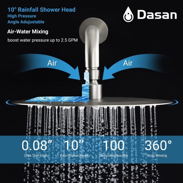 DASAN Tub Shower Faucets Sets Complete Bathtub Faucet Set Brushed Nickel Bathtub Shower System with Tub Spout, Bathroom Tub and Shower Faucet Combo Trim Kit with Rough-in Valve, DA-SS03BN-R10W