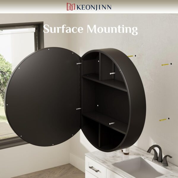 Keonjinn 28 x 28 Inch Round Black Mirror Medicine Cabinet, Modern Black Framed Vanity Bathroom Mirror with Storage