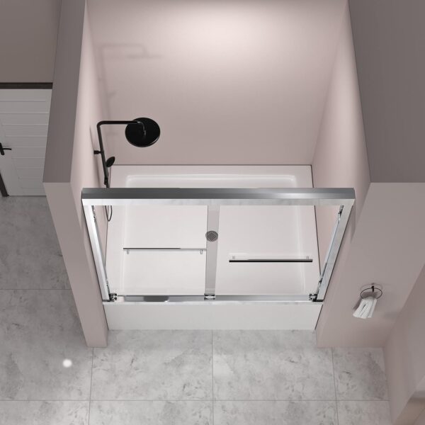 DELAVIN 56-59 in. W x 59 in. H Semi-Frameless Double Sliding Tub Shower Door, Water Repellent Bathtub Door, SGCC Tempered Bathtub Glass Door with Explosion-Proof Film, Stainless Steel Hardware