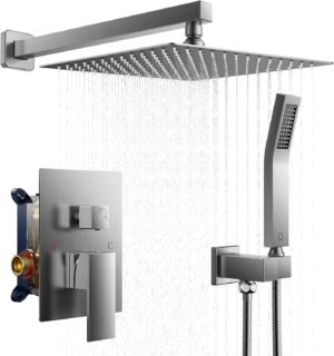 FORIOUS Rain Shower Head System, 12 Inch Bathroom Shower Faucet Set with Handheld Spray Combo, Solid Brass Pressure Balanced Valve Kit Fixtures, Wall Mounted, Brushed Nickel