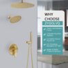 Brushed Gold Dual Shower Heads System: 12" Ceiling Mount Rain & 6" Wall Mounted Rainfall Head and 2 in 1 Handheld Spray, Full Body Faucet Set, 3 Way Diverter Brass Valve with Trim Kit