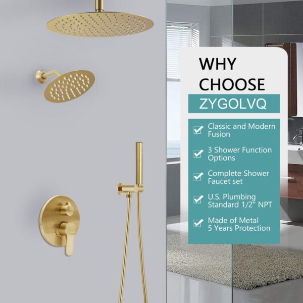 Brushed Gold Dual Shower Heads System: 12" Ceiling Mount Rain & 6" Wall Mounted Rainfall Head and 2 in 1 Handheld Spray, Full Body Faucet Set, 3 Way Diverter Brass Valve with Trim Kit