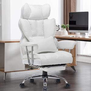 Efomao Desk Office Chair,Big High Back PU Leather Computer Chair,Managerial Executive Swivel Chair with Leg Rest and Lumbar Support,White Office Chair