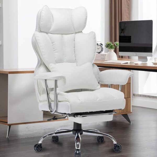 Efomao Desk Office Chair,Big High Back PU Leather Computer Chair,Managerial Executive Swivel Chair with Leg Rest and Lumbar Support,White Office Chair