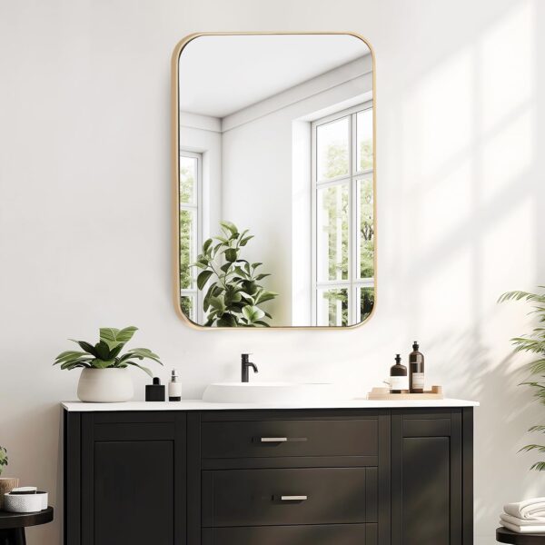 sogesfurniture Medicine Cabinets for Bathroom with Mirror, 24"x16" Modern Rectangle Recessed Bathroom Medicine Cabinet with Beveled Mirror, Wall Mounted Metal Bathroom Mirror with Storage, Gold