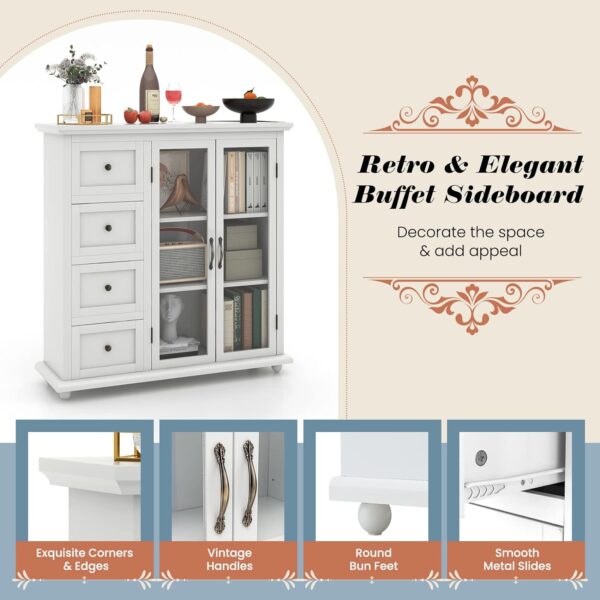 COSTWAY Sideboard Buffet Cabinet, Kitchen Storage Cabinet with 4-Drawers, 2 Tempered Glass Doors, Buffet Table, Accent Cabinet for Entryway, Dining Room, Kitchen, Home, Basement, White