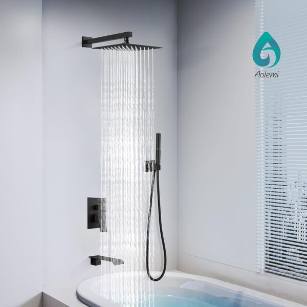 Aolemi 10 Inch Rainfall Shower Tub Faucet Set Wall Mount,Tub and Shower Faucet Combo,Shower System,with 2 in 1 Handheld Sprayer,Rough-in Valve,with Curved Spout,Matte Black