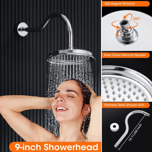 Shower System with Rain Shower Head, Handheld Spray, Rough-in Valve and Trim Kit 9 Inch Bathroom Luxury Rain Mixer Shower Complete Combo Set Wall Mounted High Pressure Shower Faucet Set Chrome