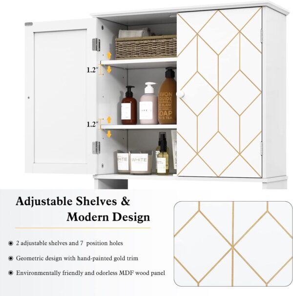 Over The Toilet Storage Cabinet with Gold Trim, Modern Bathroom Organizer Over Toilet with Adjustable Shelves and Toilet Paper Holder for Bathroom (White)