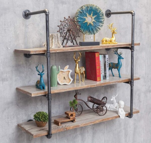 3 level Wall Mounted Iron Floating Pipe Shelves/Racks/Storage/Bookcases, DIY Open Bookshelves/Shelving for Kitchen/Office, Retro Black,(4-Tier Shelf Brackets,Not Include Planks)