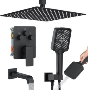 Bathtub Shower Faucet Set with Pressure Balance Valve, 12" Ceiling Mount Shower System with Tub Spout Multi-function Handheld Head Pressure Balancing Push Button Diverter Shower Trim Kit, Matte Black