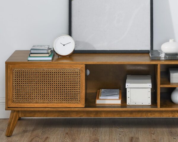 59 Inch Mid Century Modern TV Stand with Rattan Cabinet Doors, Entertainment Center Media Console for 65 Inch TVs, Living Room/Bedroom TV Stand, Light Wood