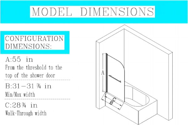 Shower Door 31" W x 55" H, Frameless Hinged Bathtub Shower Door, Bathtub Shower Screen Door, 1/4" (6mm) Tempered Glass Panel with Stainless Steel Handles (Chrome)