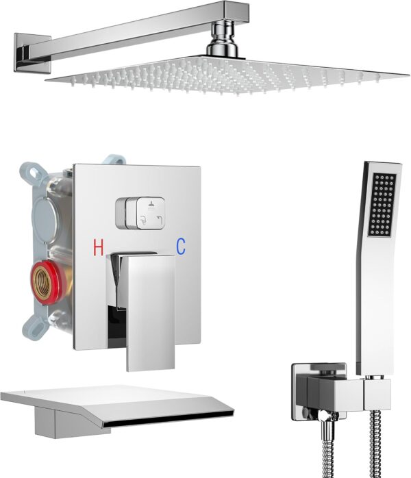 10 Inch Shower Faucet Set with Tub Spout Wall Mounted Shower System for Bathroom with High Pressure 10 Inch Rain Shower head and Handheld Shower Head Set, Polished Chrome