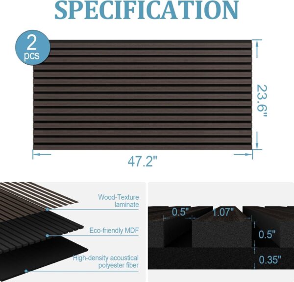 2PCS Wood Wall Panels, 3D Fluted Sound Absorbing Slat Wall Paneling in Walnut, Wood Finish Sound Proof for Wall and Ceiling 47.2" x23.6"/ Sheet