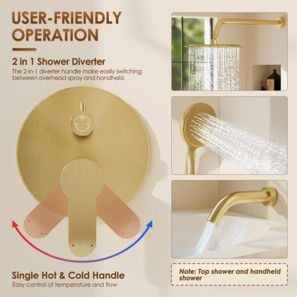 Shower System with Tub Spout, Shower Faucet Set with 10-Inch Rain Shower Head, Handheld Shower head and Shower Faucet Trim valve, Wall Mounted Bathroom Shower Combo Set,Gold