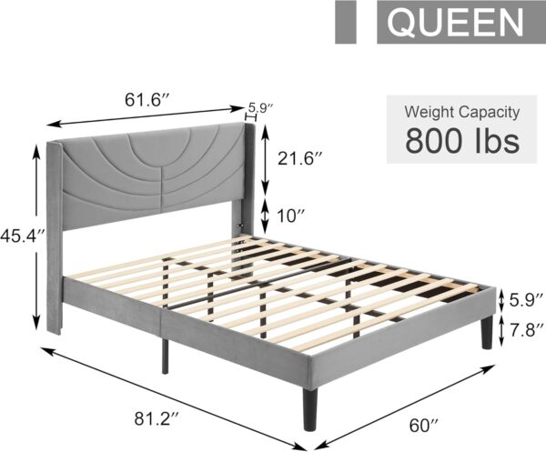 VECELO Upholstered Platform Queen Bed Frame with Fabric Headboard,Wooden Slats Support/No Box Spring Needed/Mattress Foundation,Dark Grey