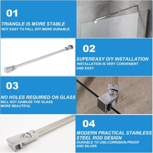 Stainless Steel Frameless Shower Door Fixed Panel Wall to Glass Support Bar for 1/4" to 3/8" Thick Glass by KAFENDA (500mm / 19.7", Polished Chrome)