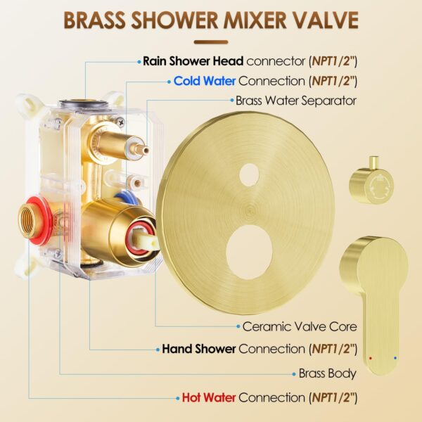 Shower System with Tub Spout, Shower Faucet Set with 10-Inch Rain Shower Head, Handheld Shower head and Shower Faucet Trim valve, Wall Mounted Bathroom Shower Combo Set,Gold