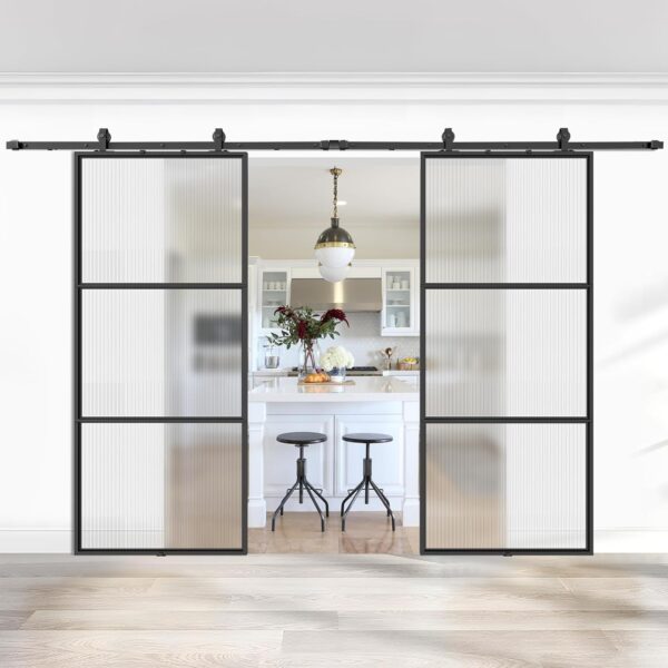 JUBEST Double Barn Door 72 x 84 in with 12FT Hardware Kit and Soft Close, 2 Sets of 36x84 in Reeded Glass Carbon Steel Frame Barn Door, Easy Assembly