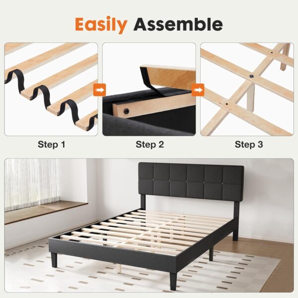 Sweetcrispy Queen Size Wood Bed Frame - Linen Upholstered Platform Bed with Headboard, No Box Spring Needed with 800LBS Sturdy Wooden Slats Support, Noise Free, Easy Assembly, Dark Grey