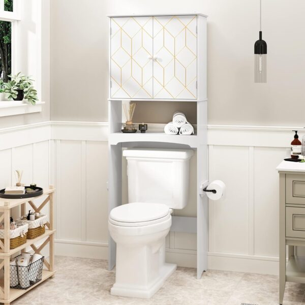 Over The Toilet Storage Cabinet with Gold Trim, Modern Bathroom Organizer Over Toilet with Adjustable Shelves and Toilet Paper Holder for Bathroom (White)