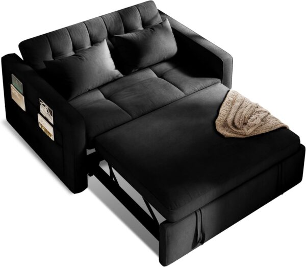 YITAHOME 55" Convertible Sofa Bed, Velvet Sleeper Sofa with Pull-Out Bed, 3-in-1 Futon Couch with Reclining Backrest and Side Pocket, Modern Loveseat for Living Room, Black, Full Size