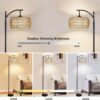 Arc Floor Lamp with Remote Control, Dimmable LED Floor Lamp with 3 Color Temperature, Black Standing Lamp with Rattan & Fabric Double Drum Shade, Boho Farmhouse Tall Pole Lamp for Living Room Bedroom