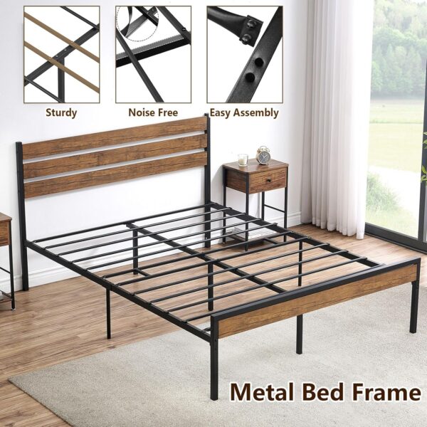 Rustic Queen Bed Frame with Headboard,Metal Platform Farmhouse Bed Frame Metal Slat,Sturdy Heavy Duty Bed Frame,No Box Spring Needed,Easy Assembly,Under Bed Storage,Rustic Brown,Queen Size