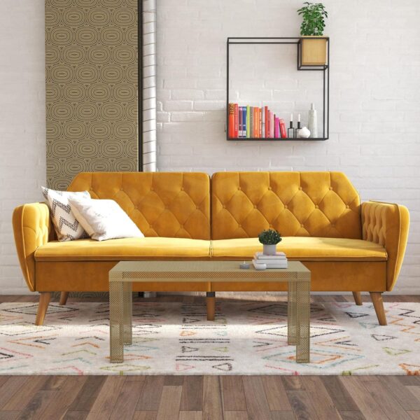 Novogratz Tallulah 83 Inch Futon Sofa Bed in Velvet Fabric, Upholstered Couch Sleeper with Memory Foam and Tufted Back, Mid-Century Modern, Mustard