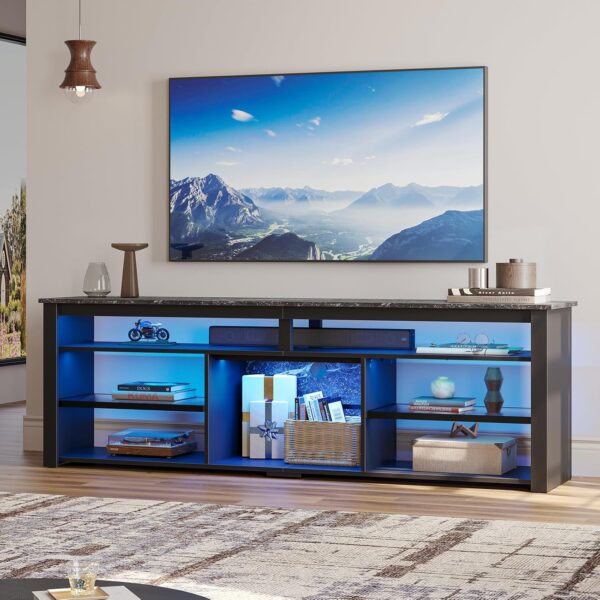 Bestier 70 Inch TV Stand, Tall LED Entertainment Center for 75 inch TV, Gaming TV Cabinet with Storage for PS5, Modern TV Console for Living Room Bedroom, Black Marble