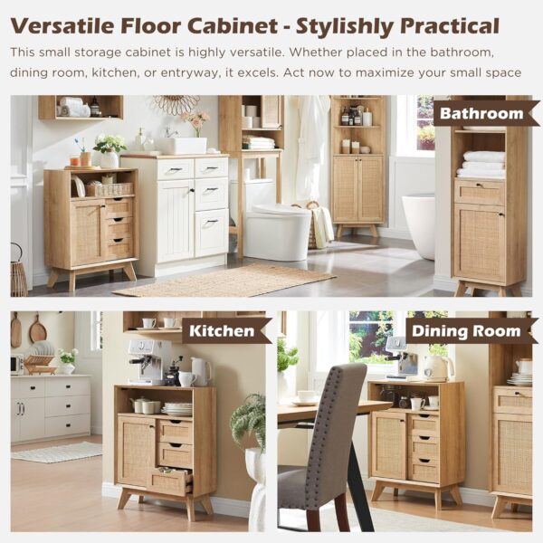 OKD Natural Rattan Small Bathroom Floor Cabinet, Mid Century Modern Storage Cabinet with Sliding Door & 3 Storage Drawers, Boho Freestanding Cabinet for Bathroom, Kitchen, Dining Room