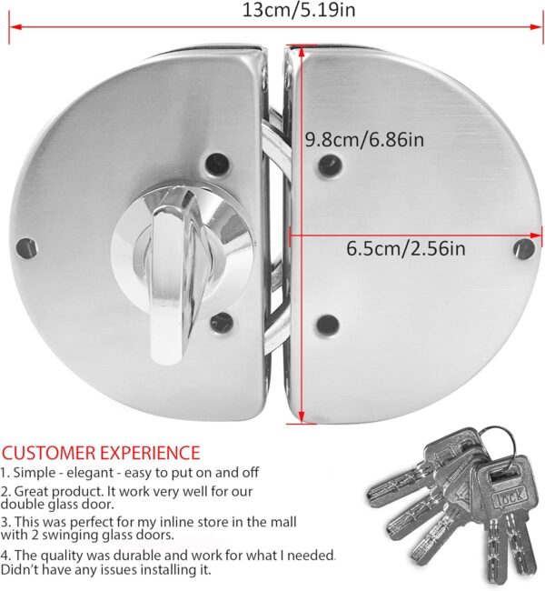 Fits on 1/2" Glass,10 mm -12 mm, Glass Door Lock, Stainless Steel Double Bolts Swing Push Sliding Access Control Office Glass Door Lock with 5 Keys