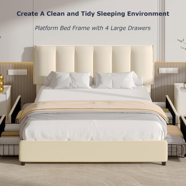 VECELO Queen Size Bed Frame with 4 Storage Drawers, Adjustable Height Headboard, Heavy-Duty Platform Bedframe with Strong Wooden Slats, No Box Spring Needed, Pale Beige