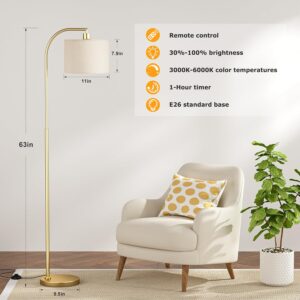 Ambimall Gold Arc Floor Lamp with Remote - Dimmable Bulb, Colors Temperature Adjustable, Easy Assembly, Modern Standing Lamp for Living Room Bedroom Office Reading Room Nursery (Beige Linen Shade)