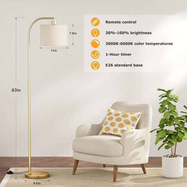 Ambimall Gold Arc Floor Lamp with Remote - Dimmable Bulb, Colors Temperature Adjustable, Easy Assembly, Modern Standing Lamp for Living Room Bedroom Office Reading Room Nursery (Beige Linen Shade)