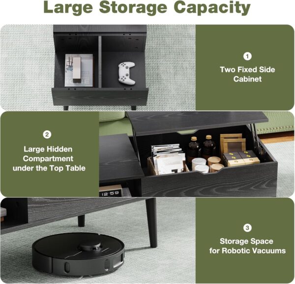 OLIXIS Wood Lift Top Coffee Table with Hidden Compartment and Large Storage Shelf, Lift Tabletop Dining Center Table for Home Living Room Office, Black