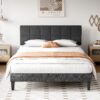 Sweetcrispy Queen Size Wood Bed Frame - Linen Upholstered Platform Bed with Headboard, No Box Spring Needed with 800LBS Sturdy Wooden Slats Support, Noise Free, Easy Assembly, Dark Grey