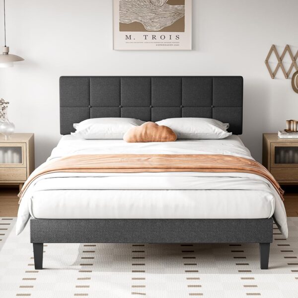 Sweetcrispy Queen Size Wood Bed Frame - Linen Upholstered Platform Bed with Headboard, No Box Spring Needed with 800LBS Sturdy Wooden Slats Support, Noise Free, Easy Assembly, Dark Grey